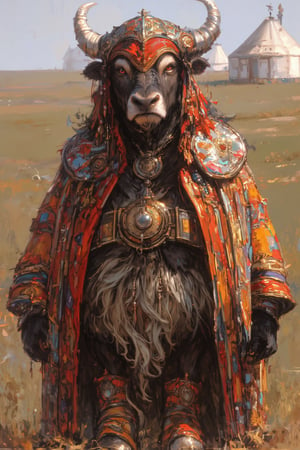 Majestic musk ox wearing vibrant Central Asian folk costume. Elaborate headdress with gold embroidery and dangling coins. Richly colored vest over flowing robe, intricate geometric patterns. Wide belt with large ornate buckle. Embroidered boots. Shaggy fur visible at neck and legs. Proud stance, front view. Backdrop of steppes, yurts in distance. Soft, warm lighting enhancing textile colors. Hyperrealistic fur and fabric textures. Surreal blend of animal and human culture, whimsical yet dignified.,furry