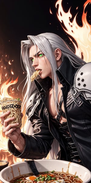 Sephiroth (Final Fantasy),single white wing,one winged angel wing,green glowing eyes,arrogant,manly,confident,eating ramen,dramatic,fire,