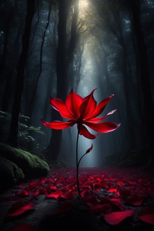 In the depths of darkness, a eerie red flower blooms, its petals glowing with an otherworldly light. Its twisted and jagged petals seem to dance with an unseen wind, casting an ominous glow that illuminates the shadows around it,This mysterious flower, found in the heart of a forbidding forest, It exudes an aura of enchantment and danger, as if holding secrets of ancient magic within its crimson petals,shards