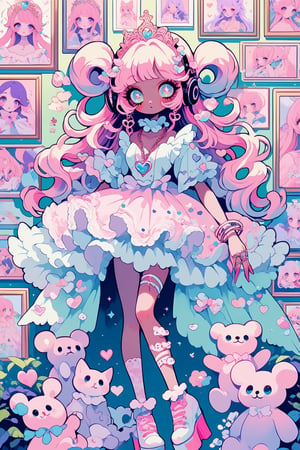 1girl ,vtuber anime character design,An over-the-top maximalist Vtuber character in hyper-decorative pink Lolita fashion. Her anime-style face features enormous, sparkling eyes in gradient pastel colors, framed by impossibly long eyelashes. Her multi-layered hair cascades in a riot of pastel pinks, purples, and blues, adorned with an excess of bows, flowers, and glittering accessories. She wears a frilly, cupcake-shaped dress in various shades of pink, covered in lace, ribbons, and ruffles. The dress is further embellished with candy motifs, stuffed animals, and miniature tea sets. Multiple petticoats peek out from beneath, each a different shade of pink. She sports striped stockings and platform shoes with heart-shaped buckles, Numerous bracelets, rings, and necklaces adorn her, along with a tiara and cat-ear headphones, background is a dizzying collage of pastel colors,anime style,anime girl,future0615