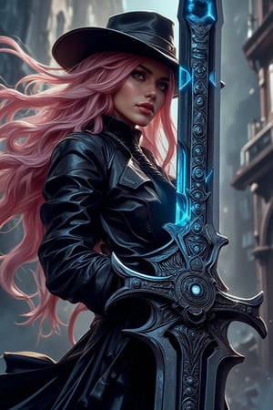 Cool anime character design,Beautiful Caucasian woman with sharp, piercing eyes and dark eyeshadow. Long, light pink hair flowing from under a stylish cowboy hat. Wearing a sleek black trench coat that billows dramatically. Holding an enormous magical sword with both hands. The sword has a dark blade etched with glowing blue runic symbols. Large, ominous eye embedded in the sword's guard, pulsing with arcane energy. Dynamic pose, ready for battle. Intricate details, high contrast lighting, Anime art style with a touch of realism. 4K resolution, digital painting.",niji6,niji5,Marvel comic style 