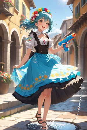 1Girl,Playful Italian girl, in traditional folk costume ,wielding colorful water gun,Ornate embroidered bodice, flowing skirt with regional patterns, lace-trimmed apron. Hair adorned with floral wreath. Joyful expression as she sprays water. Sunlit Italian village square background, ancient stone buildings. Puddles reflecting sky. Dynamic pose, water droplets sparkling mid-air. Blend of tradition and modern fun. Vibrant colors, hyper-realistic details in costume and water effects