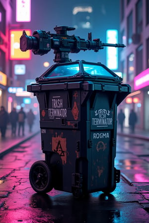 Cyberpunk weaponized garbage bin on a neon-lit city street. Sleek, matte black hexagonal body with glowing blue power lines. Top half transforms into a formidable rotating gun turret.

Multiple barrels emerge from the lid, ranging from minigun to plasma cannon. Holographic targeting system hovers above. Armored panels slide open to reveal missile launchers.

Lower half retains waste disposal functionality, with a high-tech compactor and matter converter. Robotic arms for trash collection retract into sides.

Wheels equipped with omni-directional hover technology. Small antenna array for AI-driven threat detection.

Graffiti-style "TRASH TERMINATOR" emblazoned on side. Scarred metal surfaces show battle damage. Faint smell of ozone and burnt refuse.

Hyper-detailed tech-noir style. Gritty textures contrast with clean futuristic elements. Dramatic lighting emphasizes menacing silhouette against neon-soaked background.,cyberpunk,trashv1