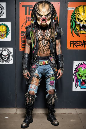  Predator alien,Yautja, Hish, P adopts an aggressive stance, decked out in hardcore punk and crust core fashion. Its dreadlocks are partially dyed in vibrant neon colors. The alien wears a torn, patch-covered black leather jacket adorned with metal spikes and anarchist symbols. Underneath is a grungy band t-shirt, ripped to expose its muscular chest. Tight, shredded jeans covered in safety pins and patches are held up by a studded belt. Combat boots with steel toes complete the look. The Predator's mandibles are pierced with multiple rings. Its mask is customized with punk-style graffiti and stickers. A spiked collar adorns its neck. ,Predator1024,TechStreetwear