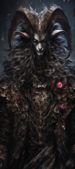 (masterful),male demon Prince,baphomet,(long intricate horns:1.2), is dressed in a captivating blend of Baroque and punk fashion styles,Roses in one's bosom,Her attire features ornate Baroque-inspired garments with intricate lace, ruffles, and embellishments, reminiscent of royalty from the Baroque era,dal,LegendDarkFantasy