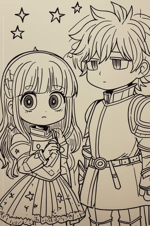 drawing on colored paper Doodles,black-and-white painting,(line art), shoujo manga style, girls with big eyes, starry eyes, shaggy hair,boy meets girl,kawaii knight
