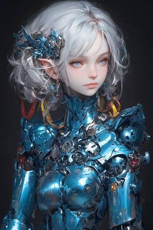 Female cyborg,full body figure,highly polished blue metallic body reflecting light like a mirror surface, Face crafted from pure white alabaster resembling a gothic porcelain doll with delicate features, Large luminous eyes with intricate mechanical iris patterns, Ornate gothic hair ornaments made of alabaster and silver filigree with small mechanical details, Long flowing synthetic hair styled in elegant victorian curls, Multiple vivid cables extending from neck area in bright red yellow and white creating a dramatic contrast against blue body, Cables have a glossy plastic finish and gentle curves like ribbon streamers,Body constructed of smooth curved panels with visible joint sections, Mirror-finish blue metal reflecting environment creating complex light patterns, Mechanical parts visible at joint areas with precise technical details, Graceful feminine proportions with elegant posture, Doll-like hands with visible mechanical articulation at fingers, Gothic-inspired design elements integrated into mechanical parts, Subtle LED lighting effects in eyes and joint areas, Expression serene and doll-like yet hints at artificial intelligence, Contrast between cold mechanical body and delicate porcelain features, Interior mechanical parts glimpsed through strategic transparent panels, Metallic surface transitions seamlessly to porcelain features at neck area,PorcelainDollPrincess,\mechako\