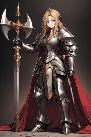 solo,royal knight, princess knight,Golden hair, beautiful blue eyes, gauntlets, red cape,Heavy full-body armor that overwhelms the viewer, the armor is carved with very elaborate gold,Huge battle axe by the side,zavy-lndskncht