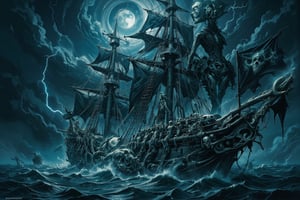 Massive ghostly galleon constructed entirely from human bones and giant skeletons. Towering sails made of translucent, stretched skin. Rigging of twisted sinew and hair. Hull formed by interlocking ribcages and femurs. Deck planks of flattened skulls. Masts are towering spinal columns. Figurehead is an enormous moose skull, antlers spread wide. Skeletal crew frozen in various poses. Tattered black flags with bone motifs. Ship glows with faint, otherworldly blue light. Wisps of spectral mist curl around the vessel. Dark, stormy sea beneath. Lightning illuminates the macabre details. Scale emphasized by tiny normal ships in distance. Hyperrealistic bone textures. Eerie, foreboding atmosphere. Blend of naval and anatomical accuracy with supernatural elements.,Skeletons From Abyss,FuturEvoLabFigure