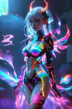 Extreme detailed,ultra Quality,1girl,perfect Body,
Hologram body girl,hybrid albino demon little queen, (long intricate horns),mini wings,Wearing hologram doctor suit,outline only,glowing wireframe, rainbow hologram,random color,transparent body, void body, only outline neon tube,rainbow colors, CyberPunk style,aesthetic grid, silhouette ,neon style,3D Mesh,neon,LegendDarkFantasy,alien,Strong Backlit Particles,outline,APEX colourful ,ichika,ruanyi0735,bodysuit