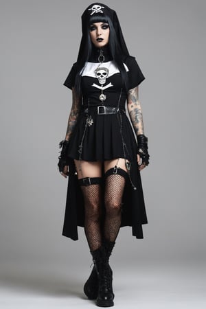 nun girl,with a punk rock style, blending tradition with rebellion, She wears a traditional black nuns costume, fishnet stockings, and combat boots, Her accessories include a rosary with skull charms and tattoos featuring punk-inspired designs,ch0wb13nun,LegendDarkFantasy