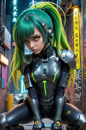 Extreme detailed,Realistic,
1girl, green hair, (absurdly long hair:1.1), straight hair, yellow eyes, bangs,Perfect face,
cyberskullai, armor, skin tight, neon trim, mechanical, face mask, headpiece,
(from above, from behind,) (slav squatting:1.4), arms on knees, annoyed, wide-eyed, raised eyebrow, turning head, looking at viewer, 
outdoors, (science fiction, alley, graffiti:1.1), (night:1.2), night sky, neon lights,High detailed ,cyber_asia ,cyberpunk style,Gopn1k,squat