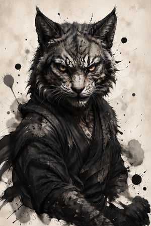 Elder Khajiit rendered in sumi-e style, fierce eyes, glaring intensely at viewer, face partially wrapped in tattered cloth, Bold, expressive brush strokes capturing fur texture and facial features. Dripping ink creating sense of gritty atmosphere. Minimalist background with ink splatters. Blend of traditional Japanese ink painting and dark urban aesthetic. Powerful contrast between black ink and white paper. Emanating aura of strength and defiance,ink