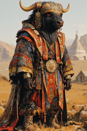 Majestic musk ox wearing vibrant Central Asian folk costume,Elaborate headdress with gold embroidery and dangling coins,Richly colored vest over flowing robe, intricate geometric patterns. Wide belt with large ornate buckle. Embroidered boots. Shaggy fur visible at neck and legs. Proud stance, front view. Backdrop of steppes, yurts in distance. Soft, warm lighting enhancing textile colors. Hyperrealistic fur and fabric textures. Surreal blend of animal and human culture, whimsical yet dignified.,furry