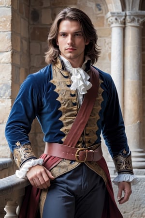 handsome french man, D'Artagnan,  the epitome of 17th-century French Musketeer fashion,  wears a deep blue,  velvet doublet adorned with elaborate gold embroidery, reflecting the opulence of the era,His white ruffled collar extends gracefully from beneath his steel cuirass,  and a burgundy sash cinches the ensemble,  bearing a silver-hilted rapier with a handguard intricately crafted in the shape of fleur-de-lis,His high leather boots feature gold trim,
,abmhandsomeguy