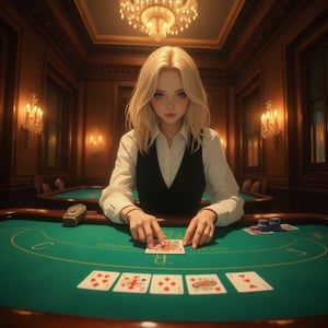 POV shot of a poker table in a luxury casino. In the foreground is a gorgeous green felt surface. Across the table is a beautiful Scandinavian female dealer in her early 30s. Blonde hair, blue eyes, professionally dressed in a white shirt and black vest. She is dealing cards with expert precision. A royal straight flush of diamonds is clearly visible on the table, along with five playing cards lined up: King Ace Queen Jack Ten of diamonds,
Warm ambient lighting glowing softly from the chandelier above. A pile of chips is visible at the edge of the table,
Polished wooden table rim,1girl,Flat Anime Niji Style