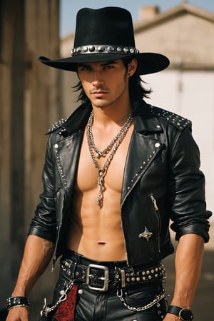  dandy man, in a Gothic punk-inspired cowboy outfit, He wears a black wide-brimmed cowboy hat with silver studs and a dark feather, a tailored black leather jacket with lace and chain details, and a deep crimson ruffled shirt. His fitted trousers feature metal spikes and buckles, and knee-high leather boots with silver accents and spurs complete the look. An ornate studded belt holds a sleek, engraved revolver. This blend of rugged Western charm and edgy punk sophistication creates a striking and unforgettable figure.,Handsome boy