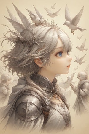 Medieval Precise line art, realistic and elaborate pencil drawings, many small birds, a girl's profile, entangled eyes.,dal-1,lineart,Gwyndolin,Christmas Fantasy World