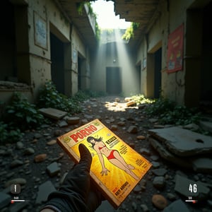 First-person perspective, FPS game interface. Post-apocalyptic ruins, crumbling concrete structures overgrown with ivy. Dim lighting, dust particles floating in the air. In the foreground, the player's hand in a tattered glove,
Focus point: An old comic book lying on a rubble-covered floor, with the word "porno" in the title and a cartoon character in a swimsuit,
illuminating the surroundings with an exaggerated golden glow,HUD elements: health bar, ammo count, minimap,A ray of light piercing through a collapsed ceiling. A weathered poster on a wall, a remnant of pre-apocalyptic life. Depth of field effect, Ultra-realistic textures on surfaces. Dramatic contrast between the dark environment and bright, glowing comics. 4K resolution, photorealistic rendering, volumetric lighting effects.