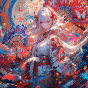 Ethereal anime-style woman in ornate kimono, 8k resolution, digital art. Long flowing white hair, red oni horns. Kimono primarily white with red accents, intricate golden patterns. Revealing neckline, obi with checkered pattern. Holding massive decorative fans, one with blue water motif, one with red fire design. Dramatic pose, kimono billowing. Surrounded by stylized fire and water elements. Butterflies in shades of blue and pink. Background featuring large sun and moon imagery. Cherry blossoms and oranges on branches. Contrasting color palette of warm reds and cool blues. Delicate linework and soft shading. Hyper-detailed fabric textures and patterns. Glowing effects around magical elements. Inspired by traditional Japanese art and modern anime aesthetics. Dreamy, fantastical atmosphere. Sharp focus on character, slight blur on background elements.,Manga  Yakuza Kamui X Georgia O'Keeffe,dal