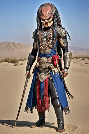  Predator alien,Yautja, Hish, stand proudly in the vast Central Asian deserts, wearing traditional nomadic costumes. Its muscular frame is covered by a long chapin coat richly embroidered in deep blues and reds. A tall kalpok hat trimmed with fur rests on his dreadlocked head, partially hiding his alien features. The Predator's lower jaw is decorated with intricate silver jewels. She wears wide shalwar pants and leather boots. An ornate belt with a ceremonial knife completes the outfit. In one hand he holds a traditional wooden cane. Predator1024,Predator1024