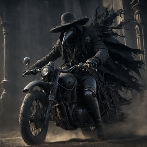 Imagine a Gothic, classical motorcycle ridden by a plague doctor. The bike features an antique black finish with intricate silver detailing and wrought-iron filigree. The seat is rich black leather with tufted buttons, and the fuel tank has haunting gothic patterns. Lantern-style headlights emit a dim, eerie glow. The plague doctor, in his beaked mask and flowing cloak, creates a striking, otherworldly image, blending historical darkness with gothic elegance.,madgod,stop motion,horror,action shot