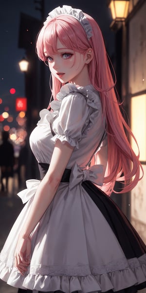 fantasy Young lady,pastel color masterpiece, beautiful anime,Laughter, hyper realistic masterpiece of an animewoman, wearing  Maid clothes, pink hair and pale fair white skin, at night, twilight, evening, outside, particles visible, light from behind, hyper realistic detailed lighting, hyper realistic shadows hyper realistic masterpiece,  professional, contrast color, contrast, colorful, rich deep color,