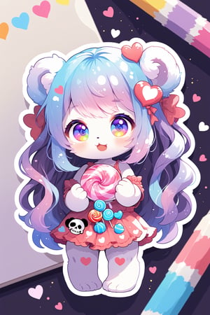 Pastel Candy Art,cute Little Teddy bear girl,Emphasize the unique synthesis of styles, 
heart \(symbol\), Skull\(symbol\), 
,colorful,chibi emote style,artint,sticker,furry,furry girl