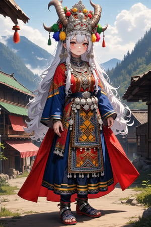 anime style,1Girl,A young albino Demon girl,goat horns,
 in northern Thailand wearing an opulent traditional bridal costume. Vibrant, multi-layered outfit with intricate embroidery and silver coin decorations. Elaborate headdress adorned with colorful tassels, beads, and dangling silver ornaments. Heavy silver necklaces and large earrings frame her face. Richly embroidered jacket in deep indigo with geometric patterns in red, yellow, and green. Wide pleated skirt with bold horizontal stripes and detailed needlework. Ornate silver belt with hanging charms. Embroidered apron with intricate designs. Legs wrapped in indigo leggings with embroidered ends. Traditional cloth shoes with pointed toes. She stands in a misty mountain village with traditional Hmong houses in the background,1girl,lyh,adrr-tsfft