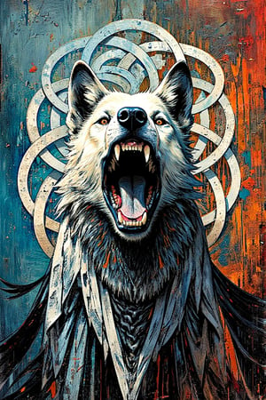 A detailed illustration of a snarling wolf head with its mouth wide open, showing sharp teeth. The wolf's fur is rendered in intricate black and white pen strokes. Behind the wolf's head is an elaborate Celtic knot design in white, intertwining in complex patterns. The background is a textured blend of deep teal blue at the bottom, transitioning to rusty reds and oranges at the top, giving an aged, weathered look. IThe image has a grungy, vintage feel with high contrast between the detailed line work and the muted, textured background. Hyper-realistic details, 8K resolution, dark fantasy,surrealportraits