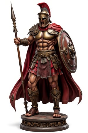 A meticulously crafted, high-end custom figure of a powerful Spartan soldier, in mid-battle pose, The figurine showcases stunning detail in the muscle definition, with every sinew and vein meticulously sculpted,(The soldier is clad in authentic Spartan armor), with a gleaming bronze chest plate, intricately carved greaves, and a flowing crimson cape. The helmet features a menacing crest, and the weathered shield bears the iconic Spartan Lambda symbol. The soldier holds a long, ornate spear in one hand and a battered, scarred sword in the other. Every aspect of the armor, from scratches to battle damage, is rendered in painstaking detail, making this Spartan soldier appear as if frozen in a dynamic, action-packed moment of history.,resin,White background