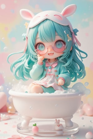 3D figure,Cute anime-style chibi figure, a girl with long, flowing turquoise hair. Big expressive blue eyes behind pink round glasses. Wearing a white polka dot dress with pink and blue dots, pink trim and a teal blue underskirt. Teal blue cardigan sweater, white and pink animal shaped eye mask on head with eyes closed, small bone decoration and blue ribbon. Pink ribbon in hair,Pink cherry shaped pendant necklace. White rabbit shaped slippers,Posed with one hand raised close to face. Bright expression, figure is immersed in a miniature bathtub full of bubbles,sit down,
Very well-made plastic figure on a clear stand. Soft pastel color palette. Professional product photography lighting and setup. ,lyh,dal,create figure 2,