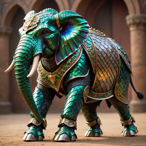  fantasy-themed spectacle unfolds as a colossal war elephant dons a majestic suit of dragon scale armor. The imposing creature strides confidently with each step, its massive form enhanced by the gleaming and protective dragon scales.The dragon scale armor adorning the war elephant is a marvel of craftsmanship, intricately designed to fit the contours of the colossal beast. The scales, with their iridescent shimmer, provide both formidable defense and a breathtaking visual spectacle. The intricate patterns on the scales add an artistic touch, turning the armored war elephant into a living canvas of mythical elegance.,dragon armor,Animal Verse Ultrarealistic ,real_booster
