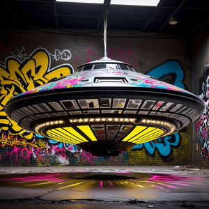 The disc-shaped UFO is adorned with vibrant graffiti,  
flying in the air,
reminiscent of the rebellious spirit of punk rock culture. Bold and chaotic patterns cover its surface, with splashes of neon colors and jagged lines creating an electrifying visual display. Symbols of anarchy and freedom are scattered across the craft, expressing defiance and nonconformity. Amidst the graffiti, flashes of metallic silver peek through, hinting at the UFO's advanced technology. The overall effect is a fusion of punk rock attitude and futuristic design, giving the UFO an edgy and unconventional appearance.