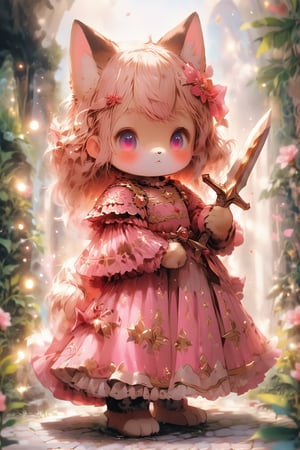 Prompt: Magical POP illustration,cute little brave Teddy bear,pink loli armored dress, weapon holding,Beautiful embroidered dress,kawaii knight,furry girl,Deformed