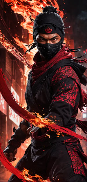 powerful painting,
1man,Ninja Slayer, the ninja who kills ninjas,((in fiery red attire:1.2)),((all red clothes:1.2)),Eyes glowing red with vengeance. Elongated crimson scarf billowing dramatically. Lower face covered by black facemask. Sleek, form-fitting ninja outfit with flame-like patterns. Dynamic action pose, Urban night backdrop, neon lights, Intense, focused expression visible in eyes. Hyper-detailed fabric textures. Blend of traditional ninja aesthetics with modern, edgy style