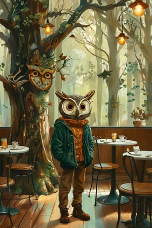  fantasy-style vintage painting, boy wearing an owl mask. He stands in a café inspired by a forest, with tree trunks and branches integrated into the décor, creating an enchanting, woodland atmosphere. The boy's outfit complements the theme, blending earthy tones and textures that evoke the surrounding nature. The scene captures the mystical charm of the forest within the cozy, magical setting of the café.