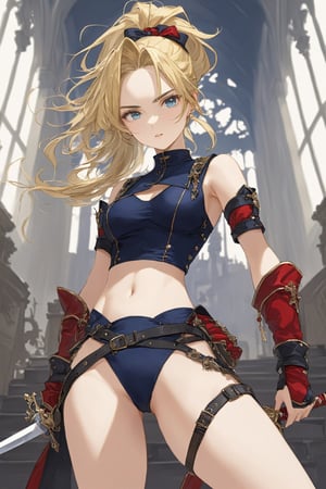 boyish girl,15yo,Beautifully detailed blue eyes,Almond Eyes,round eyebrows,
navel, underboob,chest binder,Thick ponytail hair,Blonde,wearing spats.,leg pouch,dagger,
A beautiful assassin with a dagger at the ready, listening attentively to her enemies.,elegg