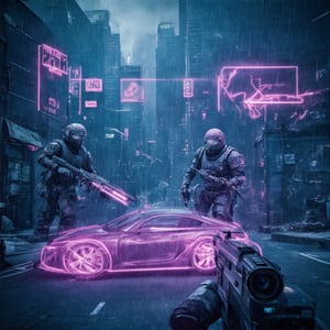 Hyper-realistic FPS game screenshot, body cam-style POV. Gritty cyberpunk cityscape - neon signs, holographic ads, rain-slicked streets. Armed enemies in high-tech gear taking cover behind futuristic vehicles. Weapon visible at bottom of frame, holographic HUD overlay. Muzzle flashes, bullet impacts. Slight camera shake for realism. Steam rising from vents. Lens flares from neon. Grime and scratches on camera lens. Intense, immersive atmosphere