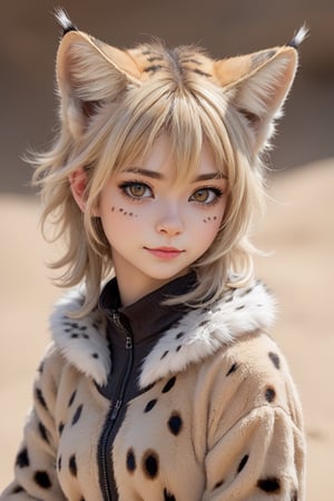 A cute girl personifying a Sand cat. She has soft, fluffy fur with brown and gray spots, resembling the cat coat, Her ears are pointed and adorned with matching fur tufts, giving her a playful and endearing appearance. With bright, curious eyes and a gentle demeanor,,catgirl