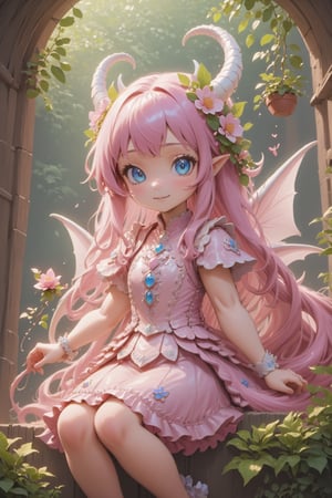 ultra Realistic,Extreme detailed,
kawaii beautiful Dragon fairy girl,pink long hair,cute Blue Eyes,
In a quaint workshop, adorned with enchanting flora, a skilled fairy tailor meticulously crafts fantastical garments,ani_booster,outline,DonMDr4g0nXL