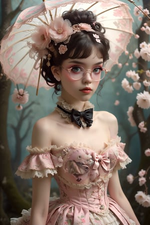 Anthropomorphic owl, in sleeveless off-shoulder pink Lolita fashion. Ruffled bodice with sweetheart neckline, adorned with bows and lace. Voluminous skirt with petticoat, decorated with delicate floral patterns. Owl's natural feathers seamlessly blending into fabric. Large, expressive eyes behind ornate glasses. Tiny top hat perched askew. Holding lace parasol. Soft, pastel background with cherry blossoms. Whimsical blend of avian features and kawaii Lolita style. Fairytale-like atmosphere
