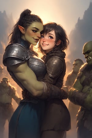 Contrasting scene Fierce orc warrior and gentle human Little girl,
 Orc: muscular build,((scarred face)), tusks, battle-worn armor, Menacing appearance but neutral expression.,
Girl: young innocent-looking Little girl,nordic, wearing simple dress. Smiling kindly at orc, arms wrapped around him in embrace. Orc's posture stiff, uncertain. Background suggests post-battle setting, muted colors. Soft lighting on girl, harsh on orc. Emphasis on size difference and contrasting