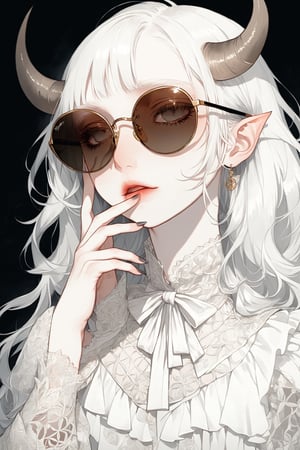 Shoujo manga style,1 girl, albino demon girl, (long intricate horns:1.2),with lethargic sleepy smokey eyes,(pure white 
long hair),(sunglasses.),luxury mesh fishnet blouse,