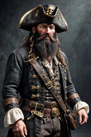 ultra-realistic,Pirate Blackbeard, elder pirate captain,(much wrinkled face), hard-boiled,Black-rimmed eyeliner,((very very long black beard)),Dirty coat, Luxury feathered tricornered hat,emaciated body, single-minded in respect and fear, dressed in dark shades of Renaissance-style aristocratic clothing, dirty cuffs, gun belt, knee-length boots, wearing intricately crafted ornaments and decorated with numerous gold ornaments,Handsome male,with a beard,pirate,Leonardo