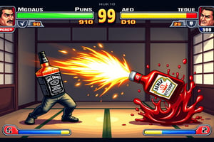 Pixel art style fighting game screen layout, dramatic special attack scenes. The Jack Daniel's whiskey bottle on the left unleashes a powerful special move, spraying golden whiskey in a swirling stream with dynamic lighting effects, motion blur and pixel art energy particles. The Heinz ketchup bottle on the right takes damage and tilts back, splashing red ketchup dramatically; HUD elements: green health bar on top (right health bar decreases), yellow super meter bar, timer in the middle showing "99". Set in a traditional Japanese room with tatami mats, shoji screens and wooden beams. Dynamic lighting effects: whiskey spray glowing with golden energy, ketchup splatter with impact effect, dramatic shadows. Pixel art visual effects: speed lines, impact sparks, liquid splash particles. High quality pixel art style similar to SNK fighting games.