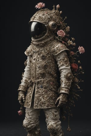 beautiful bizarre,The Art of Kris Kuksi,Intricate Design,Aphrodite, 
A person whose head is a tank turret,wears the coat of a medieval nobleman,
,action figure,LimbusCompany_Dante,astronaut_flowers