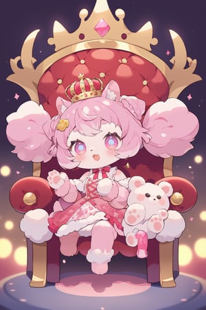 Prompt: Magical POP illustration,cute little Teddy bear,pink loli  dress,Beautiful embroidered dress,furry girl,Deformed,
sitting on the throne,
crown_nikke