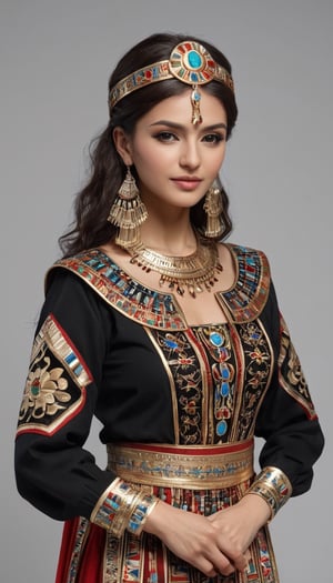 beautiful woman wearing the Bulgarian folk costume 'Nociya,' creatively arranged with an Egyptian twist, Envision the fusion of Bulgarian and Egyptian elements, incorporating traditional patterns and embellishments from both cultures. Picture the woman in the intricately designed 'Nociya' attire, adorned with Egyptian-inspired accessories, creating a harmonious blend of cultural aesthetics,」Ensure a visually stunning Bulgarian folk costume with  Egyptian,EgyptPunkAI