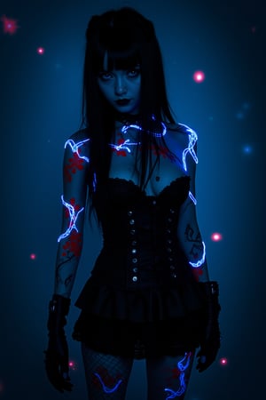 1Girl, gothic emo girl,long black hair and piercing blue eyes,nose piercing,
 She wears a black lace corset, ripped fishnet stockings, and platform boots. Her pale skin is covered in glowing cyber tattoos with Japanese motifs - red cherry blossoms and blue koi fish intertwine across her body. Dark misty background with subtle neon blue and red backlighting to accentuate the luminous tattoos. Highly detailed, 8K resolution.",ct-identity,lightPainting